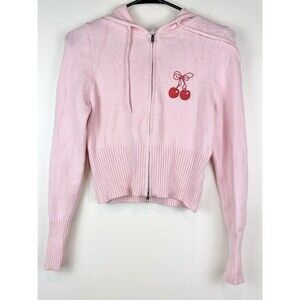 Women's Sweater Cherries Pink Zip-Up Cropped Sz Large Cherry Girl Coquette